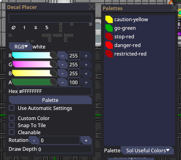 Decal placer and palette menus