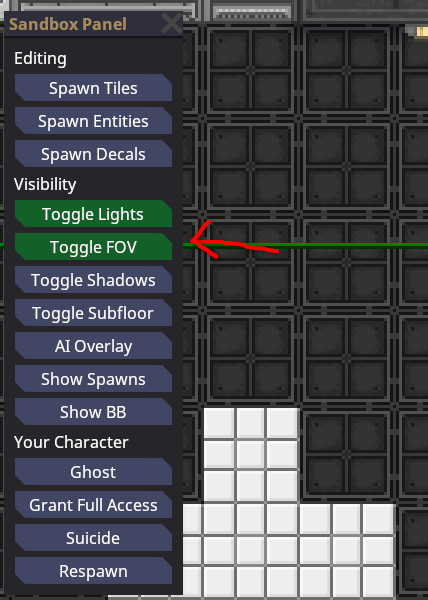 Sandbox panel with an arrow pointing at Toggle FOV